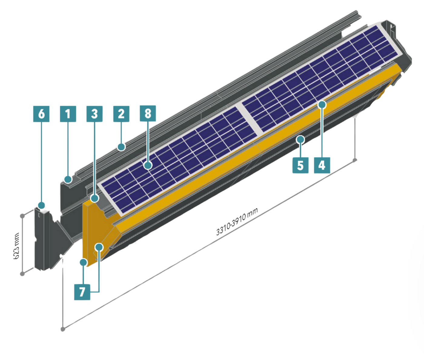 Geometría Sound Solar Panel del folleto 2026 con ocho componentes numerados estructurales, acústicos y fotovoltaicos
